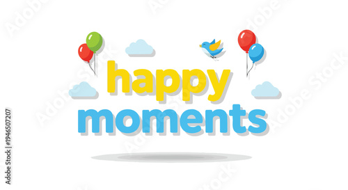 A delightful vibrant illustration capturing pure happy moments with an assortment of colorful floating balloons and a charming blue bird amidst