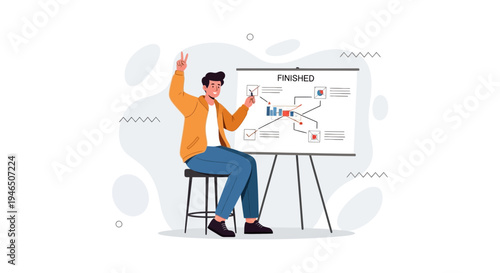 Man celebrating project completion with a presentation board showing success