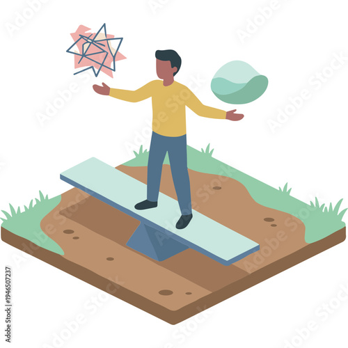 Man balances on board with geometric shape and stone outdoors