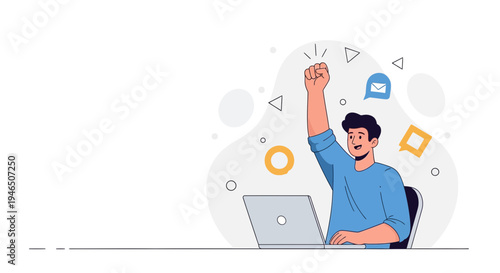 Man celebrating success with laptop, reaching goal, online achievement, digital communication