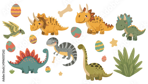 A cute and funny set of cartoon animals including dragons dinosaurs and giraffes in a playful fantasy style illustration