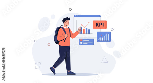 Man with backpack analyzing KPI data on dashboard, business analytics concept