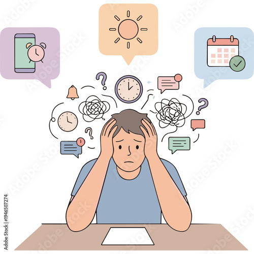 Man sitting at desk overwhelmed by thoughts of time management and deadlines