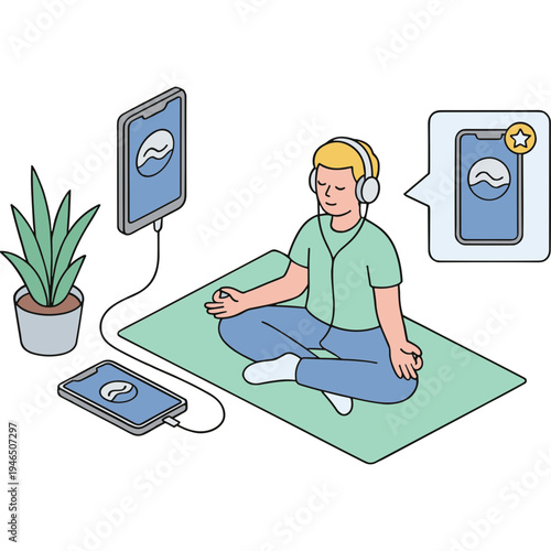 Man meditates on green mat wearing headphones connected to devices with a plant nearby