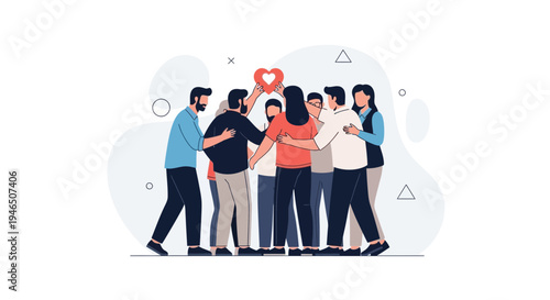 Diverse group of people hugging, holding a heart symbol, unity and love concept