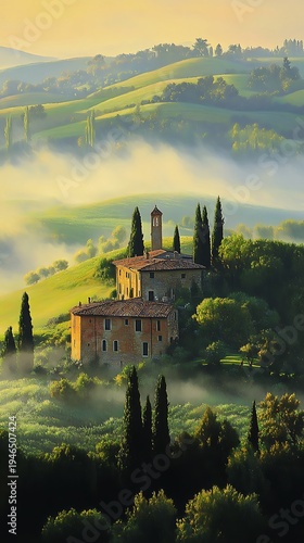 Tuscan Villa in the Morning Mist: A Serene Landscape of Rolling Hills and Tranquility