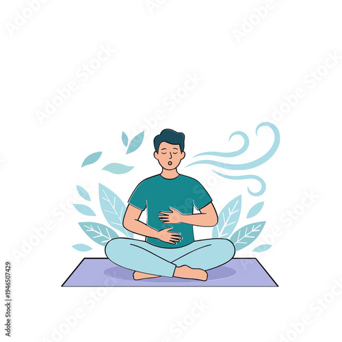 Man sitting cross-legged on mat practicing deep breathing exercise indoors