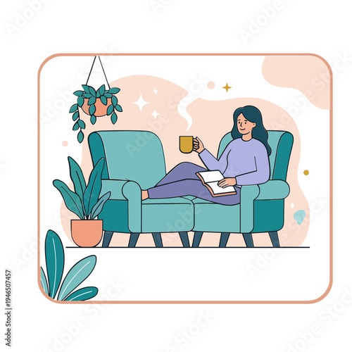 Woman relaxes on sofa with coffee and laptop surrounded by plants