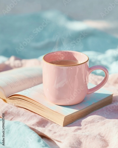 Pink mug with steam resting on a book near a bright window, concept: gentle cozy morning ambiance.