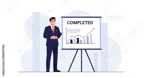 Businessman presenting completed project with upward trending graph on whiteboard