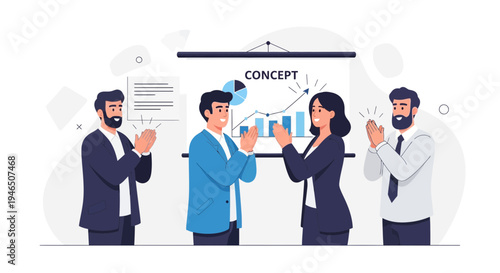 Business team applauding successful concept presentation with growth chart