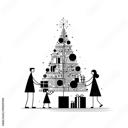 Christmas family decorating tree with gifts vector illustration holiday season celebration festive season 100