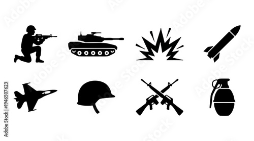 Military and war icons set, featuring soldiers, combat vehicles, weapons, and defense equipment in silhouette.