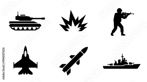 War and military equipment icons set, including combat soldiers, tanks, explosions, rockets, and various weaponry.