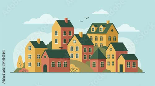 Colorful Flat Vector Illustration of a Quaint Village with Houses