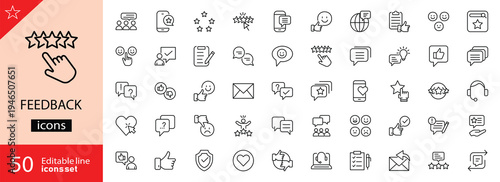 Feedback icons set. Includes symbols of reviews, ratings, comments, surveys, suggestions, and customer responses. Editable stroke. Vector illustration. Outline icons. Perfect for business. 
