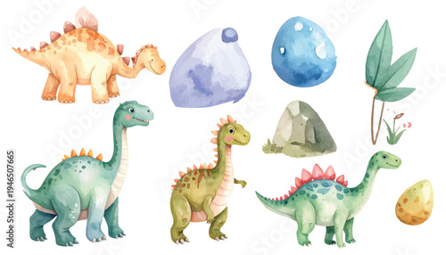 A cute and funny cartoon set of dinosaurs and animals in a playful vector illustration style