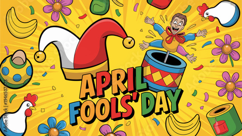 Vibrant april fools' day poster with jester hat colorful confetti and whimsical illustrations on bright yellow background