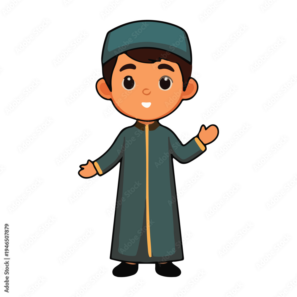 Obraz premium Cute expression arabian style custom and indonesian peci. muslim kid character design