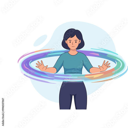 Woman plays with colorful hula hoop in a playful indoor setting with fitness equipment around.