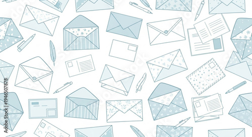 Seamless pattern with hand-drawn envelopes, letters, and postcards in light blue and white colors