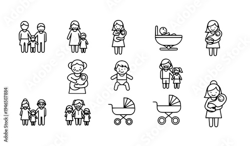 Family parenting pictogram icons parents children baby thin line vector set isolated on white background