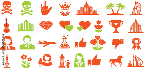 Colorful Flat Icon Set Featuring City Buildings, People Avatars, Hearts, Flowers, Trophy, Airplane, Landmarks and Various Symbols for Web, Apps and Graphic Design