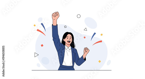 Successful woman celebrating victory with arms raised, confetti, business concept