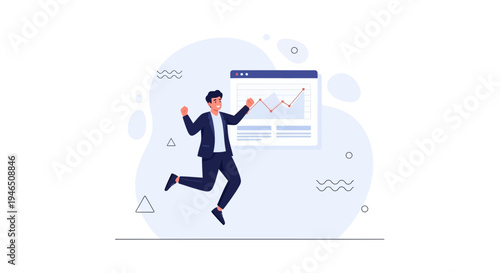 Excited businessman jumping for joy with positive financial graph success
