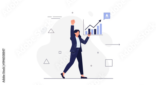 Successful business woman celebrates financial growth with upward graph and positive trend