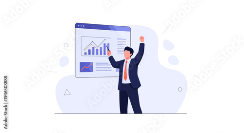 Businessman celebrating success with financial graph on screen