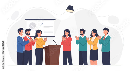 Team applauding speaker at podium during presentation, business success concept