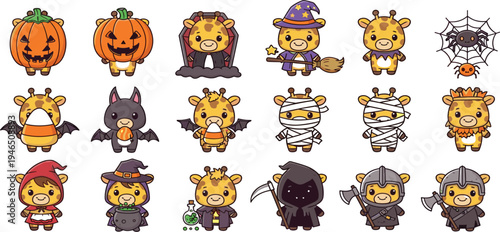 Cute Halloween Giraffe Character Vector Set with Pumpkin, Witch, Vampire, Mummy, Grim Reaper and Costume Animals for Kids Holiday Illustrations and Stickers