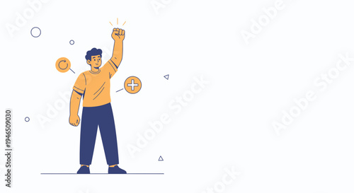 Man celebrates success with raised fist, surrounded by positive icons