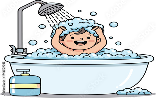 Cute Little Boy Taking Bubble Bath in Bathtub Under Shower with Shampoo Foam, Kids Personal Hygiene and Daily Bath Time Cartoon Vector Illustration
