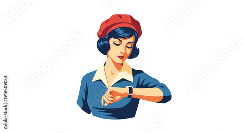 Woman in beret checking wristwatch illustration