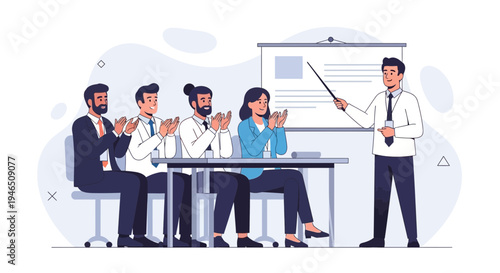 Business meeting presentation with applause, diverse team clapping for speaker at whiteboard