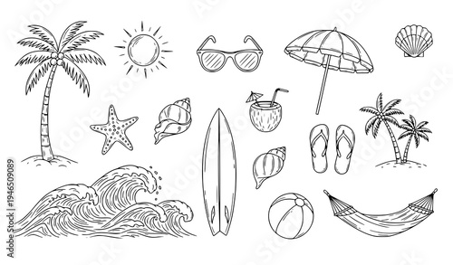 Summer Dream Sketch Collection Tropical Beach Vacation Line Art Vector Set