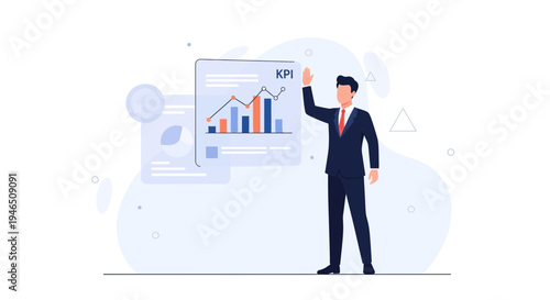 Businessman presenting KPI chart with rising graph and bar chart on screen