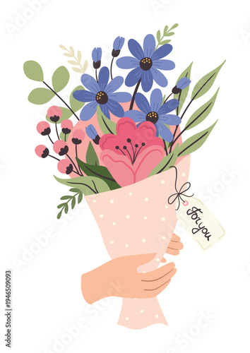 An illustration of a bouquet of flowers held in hands. Suitable for weeding, March 8th, Mother's Day, invitations, and greeting cards.