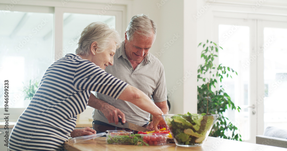 Fototapeta premium Salad, cooking and help with old couple in kitchen for healthy food, diet and support. Cutting, vegetables and organic meal prep with senior man and woman in home for nutrition, wellness and lunch