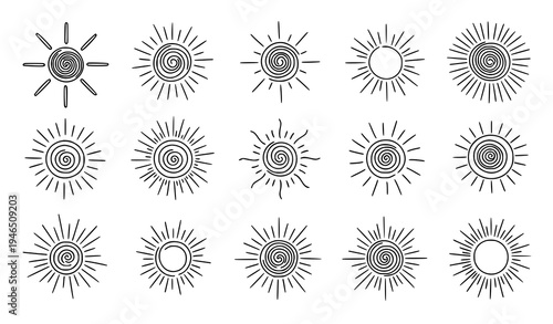 Hand Drawn Sun Symbols Set Doodle Sunshine Outline Vector Collection