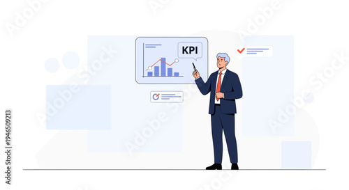 Businessman presenting KPI chart with rising graph and checkmark