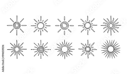 Doodle Sun Icon Collection Handwritten Sunshine Ray Vector Set