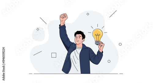 Man celebrates idea with glowing lightbulb, symbolizing innovation and success