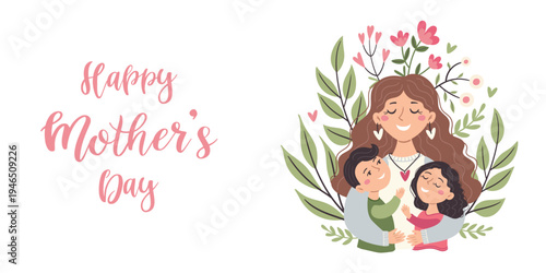 Horizontal banner with mother hugging her children. Postcard for Mother's Day, motherhood and childcare.
