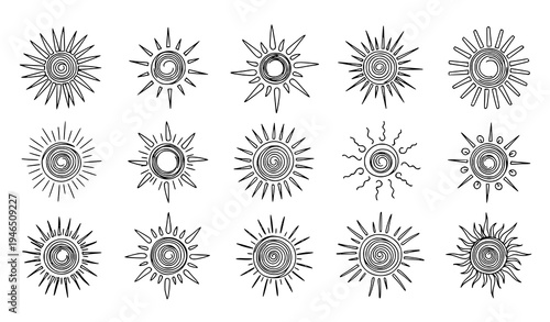 Handwritten Sun Ray Symbols Doodle Sunshine Outline Vector Set