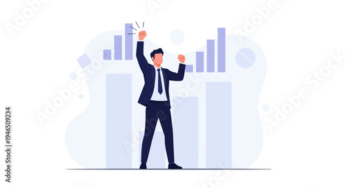 Successful businessman celebrating financial growth with rising bar charts.