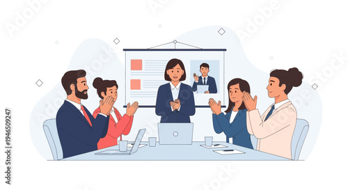 Business meeting with video conference, team applauding speaker at table