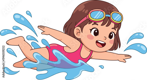 Cute Little Girl Swimming with Goggles in Water Splash, Happy Kid Learning to Swim, Children Summer Sport Activity Cartoon Vector Illustration